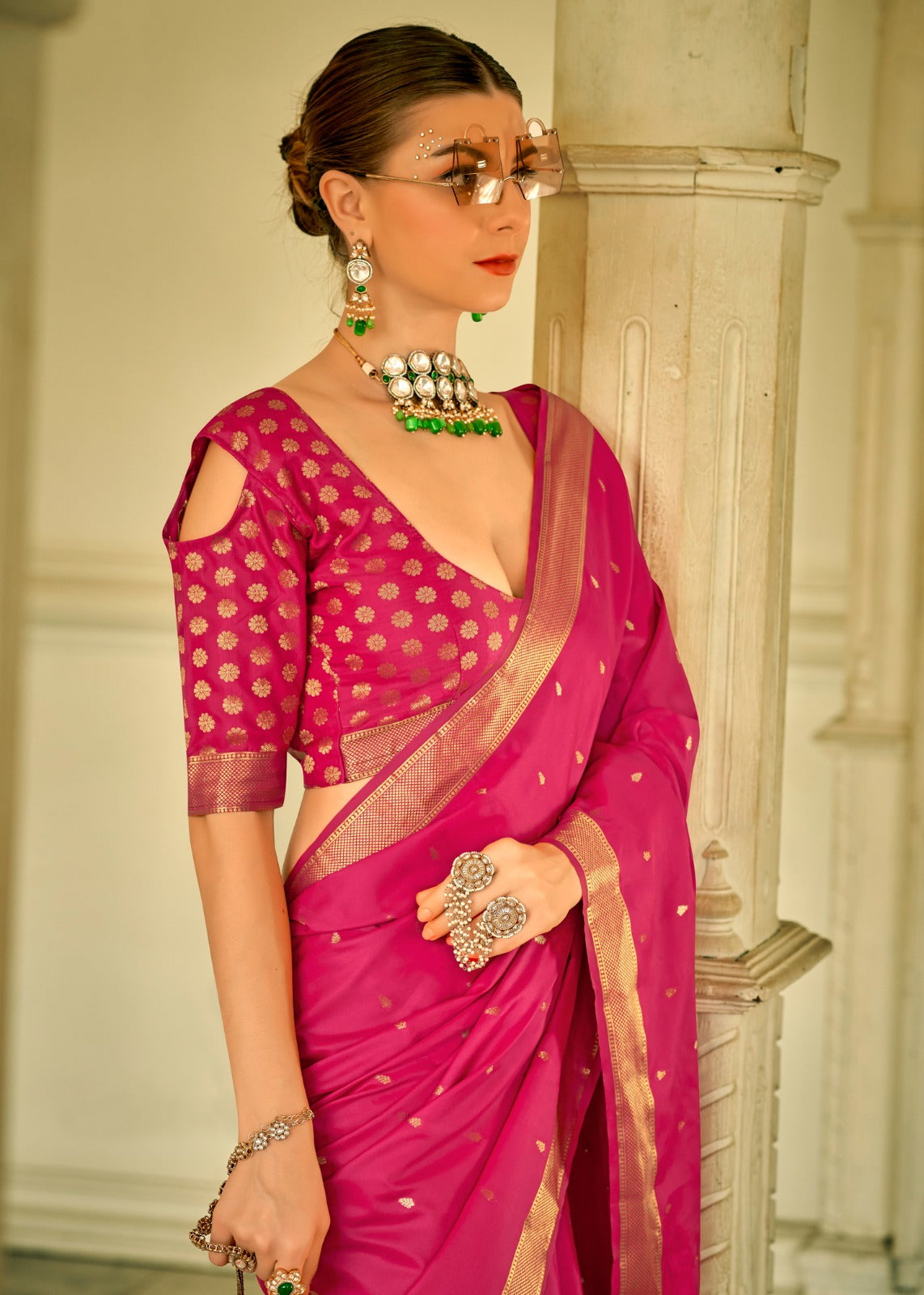 EKKTARA Saree For Women Pink Colour Pure Satin Handwoven Saree With Zari Weaving And Unstitched Blouse