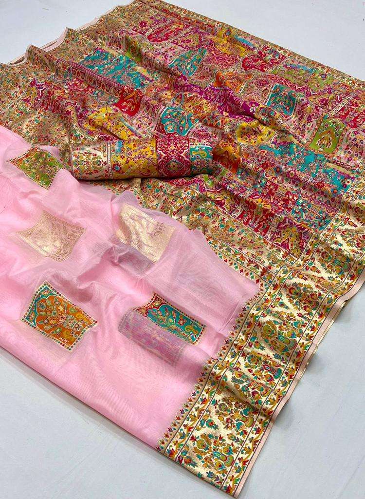 EKKTARA Saree For Women Light Pink Colour Kashmiri Silk Handloom Weaving Saree With Unstitched Blouse