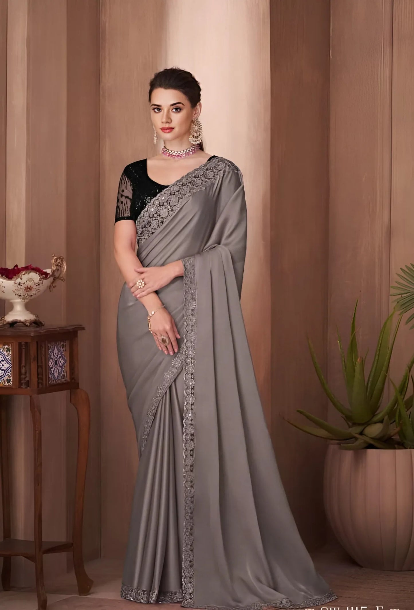 EKKTARA Saree For Women Grey Colour Designer Party Wear Saree With Unstitched Blouse