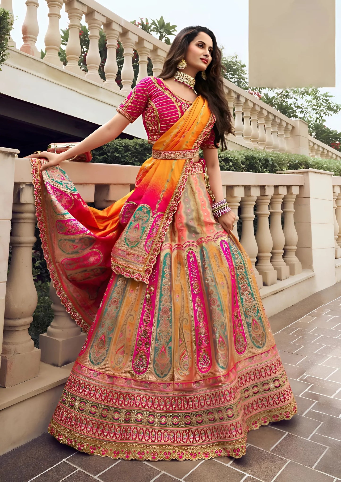 EKKTARA Semi Stitched Designer Yellow Multicolour Colour Lehenga Choli Set