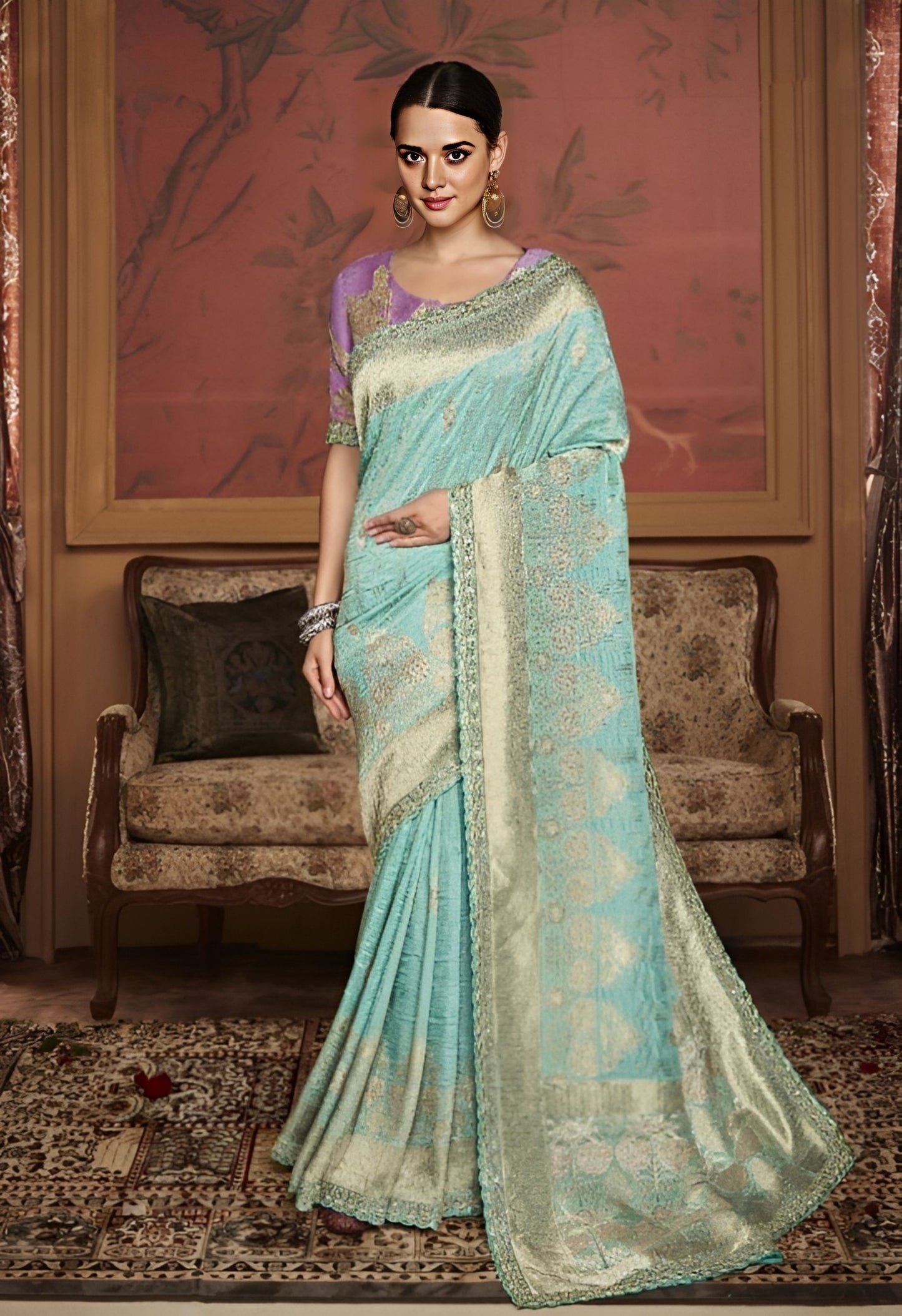 EKKTARA Saree For Women Turquoise Colour Dola Silk Saree With Embroidery Work Unstitched Blouse