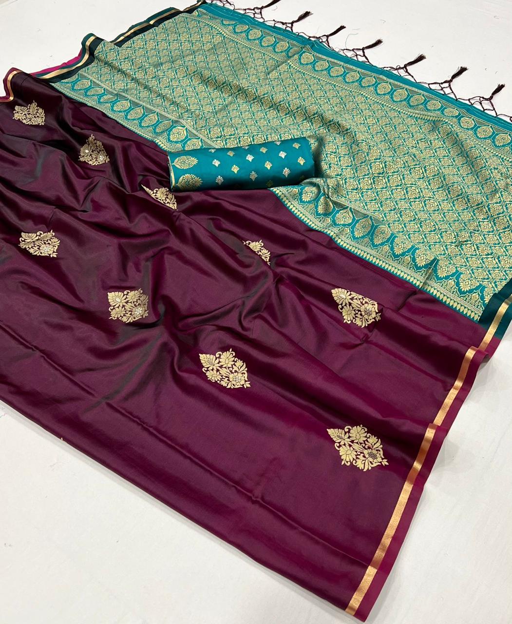 EKKTARA Saree For Women Marhoon Colour Pure Satin Silk Handloom Weaving Saree With Unstitched Blouse