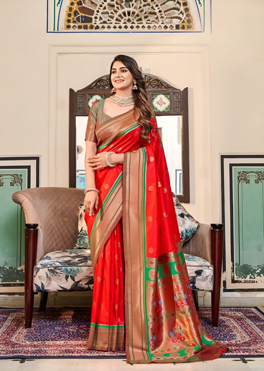 EKKTARA Saree For Women Red Colour Peshwai Paithani Silk Saree With Unstitched Blouse