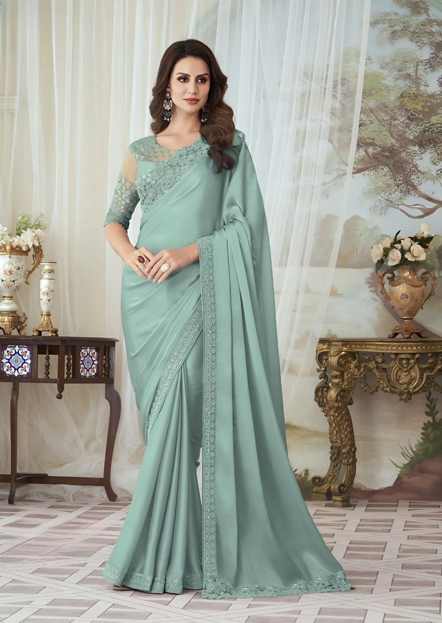 EKKTARA Saree For Women Mint Green Colour Designer Party Wear Saree With Unstitched Blouse