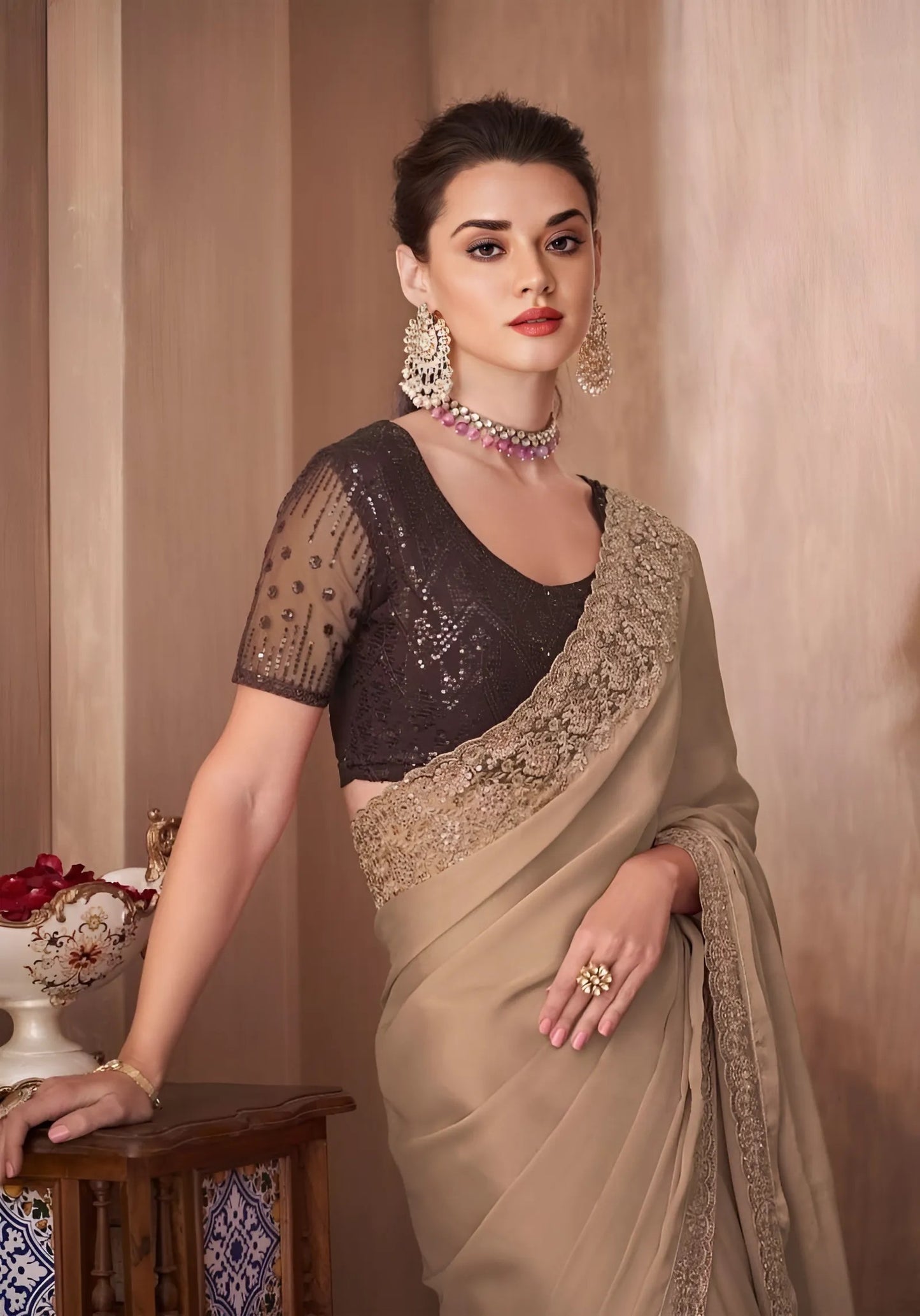 EKKTARA Saree For Women Beige Colour Designer Party Wear Saree With Unstitched Blouse