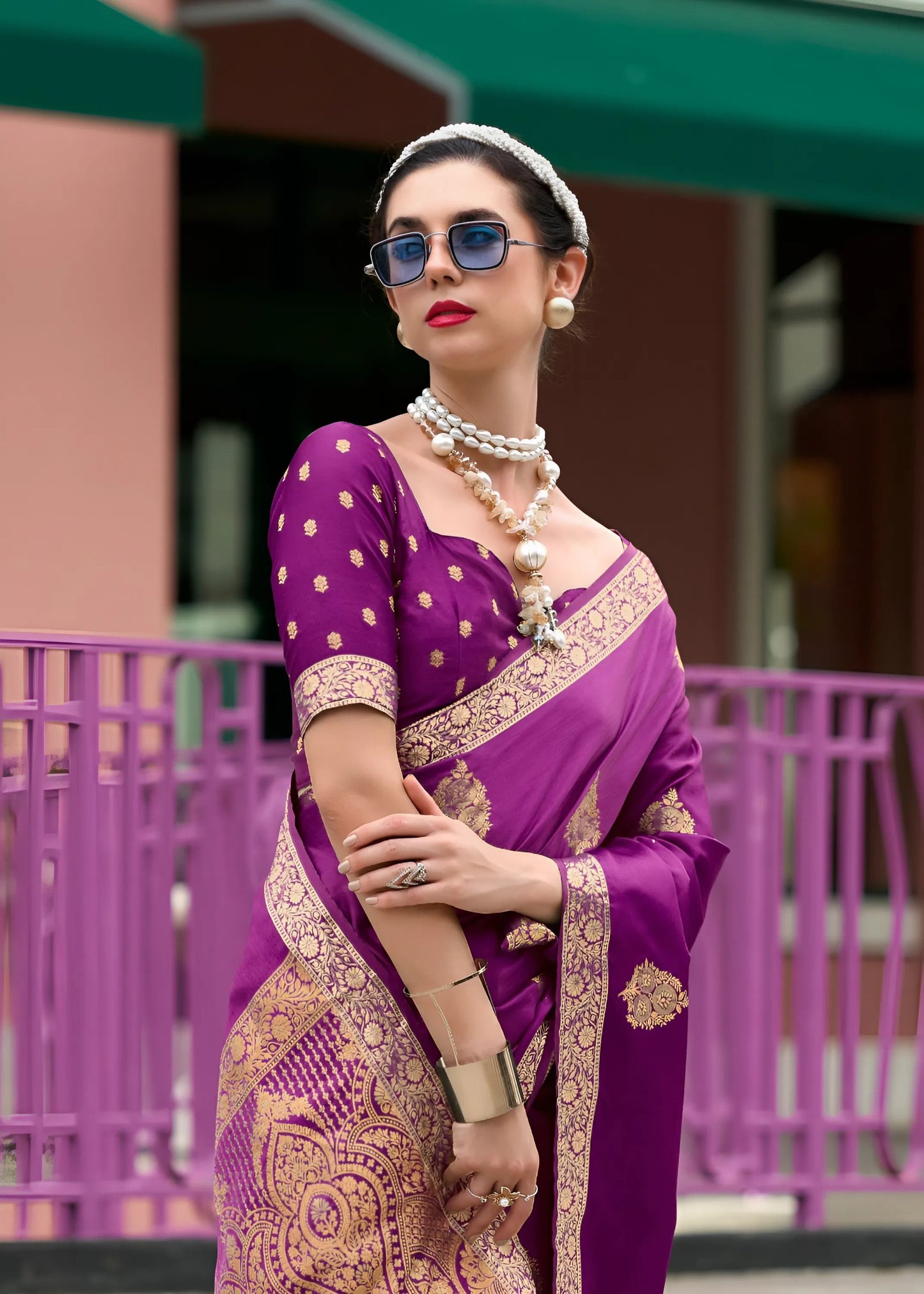 EKKTARA Saree For Women Purple Colour Pure Satin Handwoven Zari Weaving Saree With Unstitched Blouse