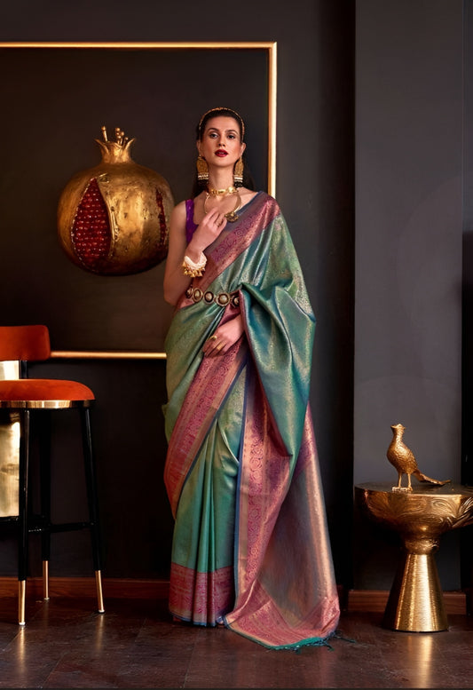 EKKTARA Saree For Women Sea Green Colour Handloom Weaving Silk Saree With Unstitched Blouse