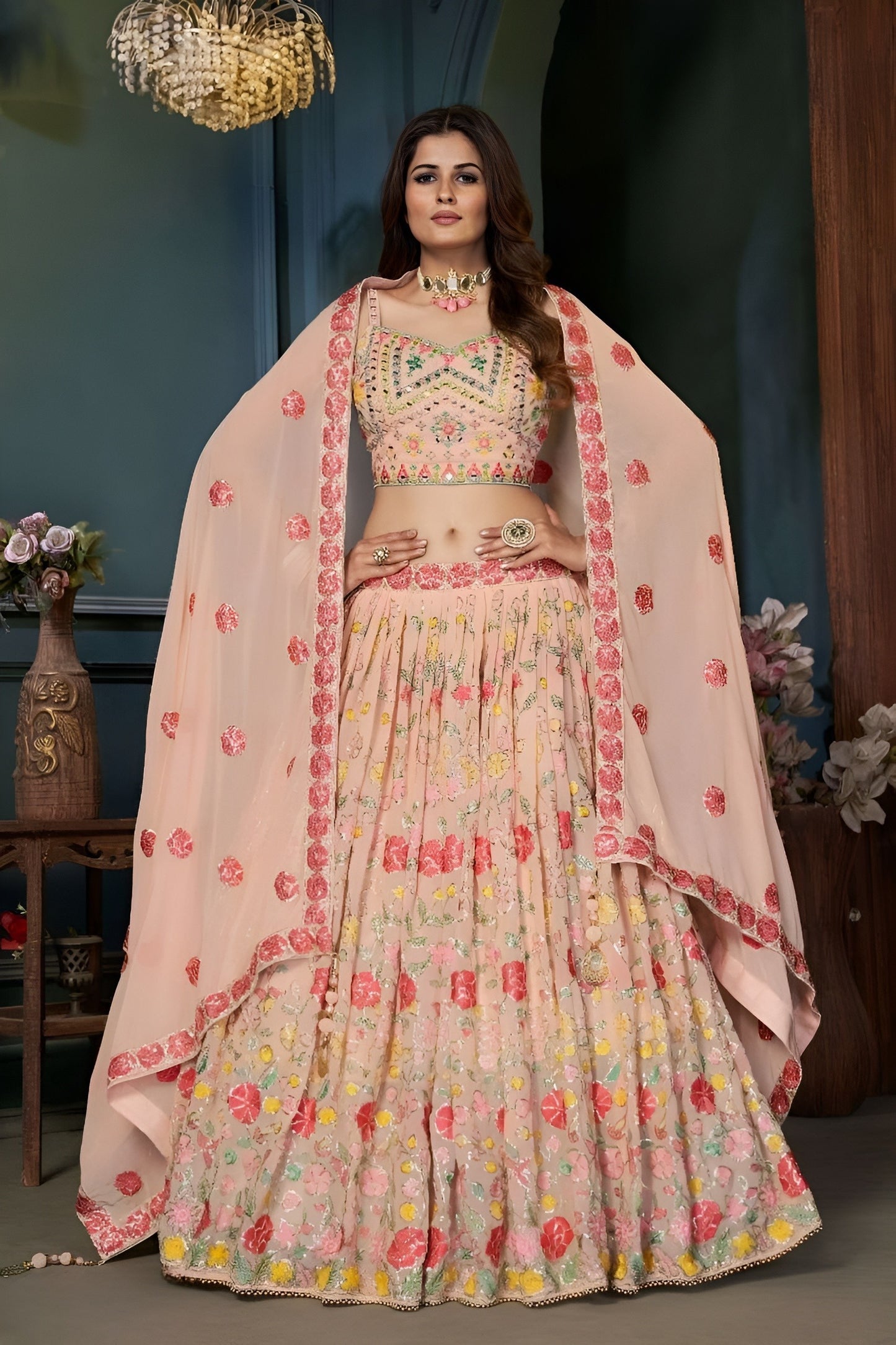 EKKTARA Stitched Beige Colour Lehenga Choli Set