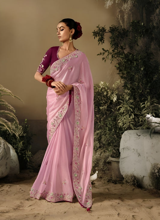 EKKTARA Saree For Women Pastel Pink Colour Dola Silk Saree With Designer Unstitched Blouse