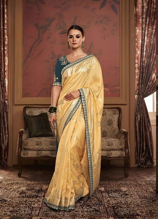 EKKTARA Saree For Women Golden Yellow Colour Dola Silk Saree With Embroidery Work Unstitched Blouse