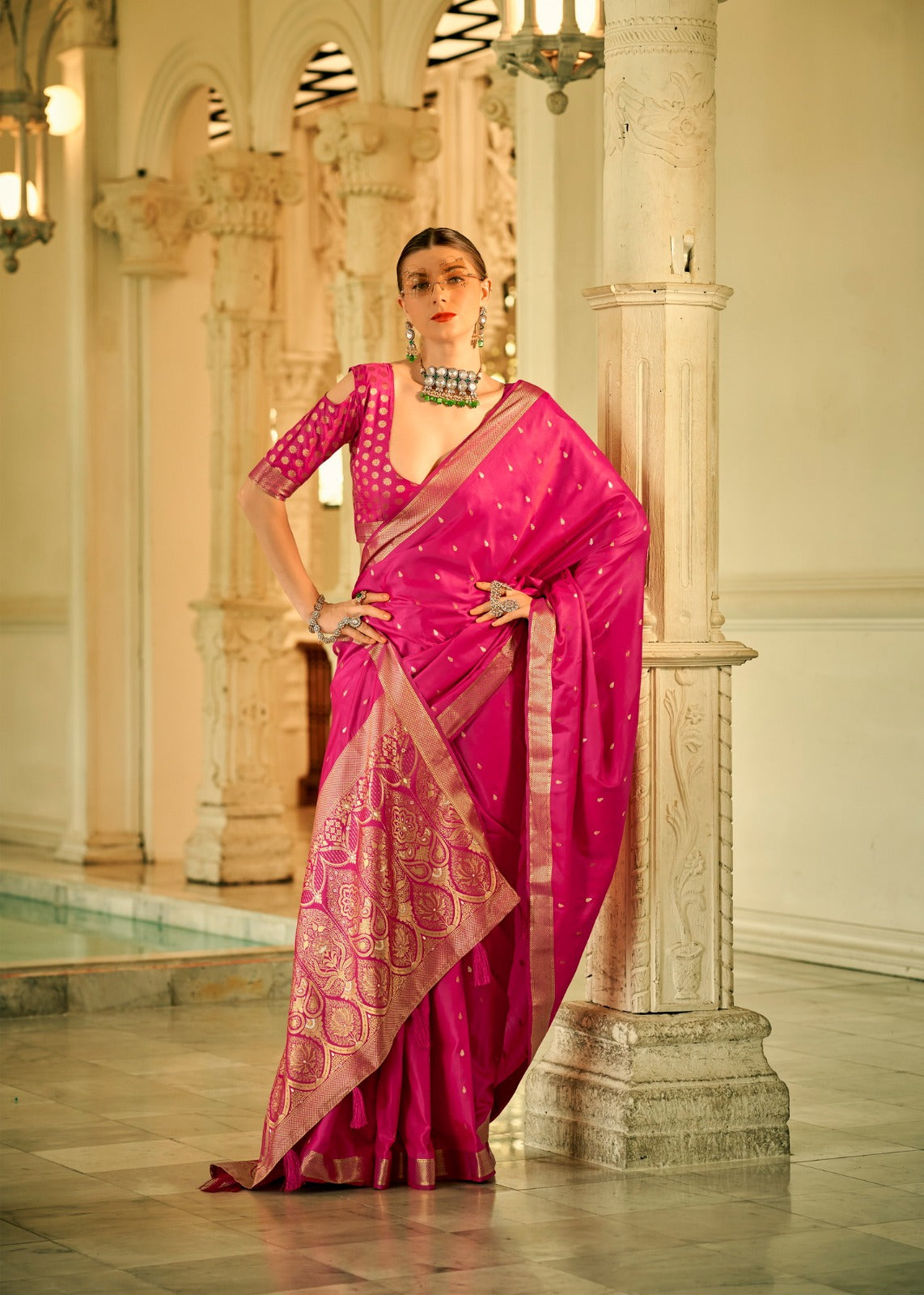 EKKTARA Saree For Women Pink Colour Pure Satin Handwoven Saree With Zari Weaving And Unstitched Blouse