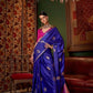 EKKTARA Saree For Women Blue Colour Pure Satin Silk Handloom Weaving Saree With Unstitched Blouse