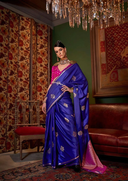 EKKTARA Saree For Women Blue Colour Pure Satin Silk Handloom Weaving Saree With Unstitched Blouse