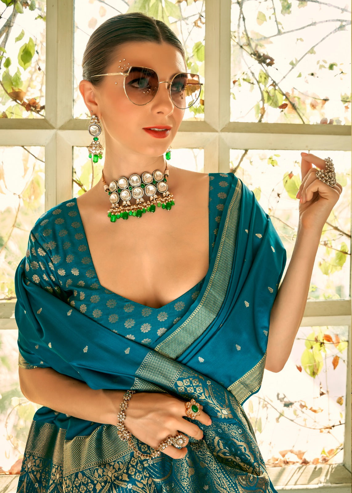 EKKTARA Saree For Women Teal Blue Colour Pure Satin Handwoven Saree With Zari Weaving And Unstitched Blouse