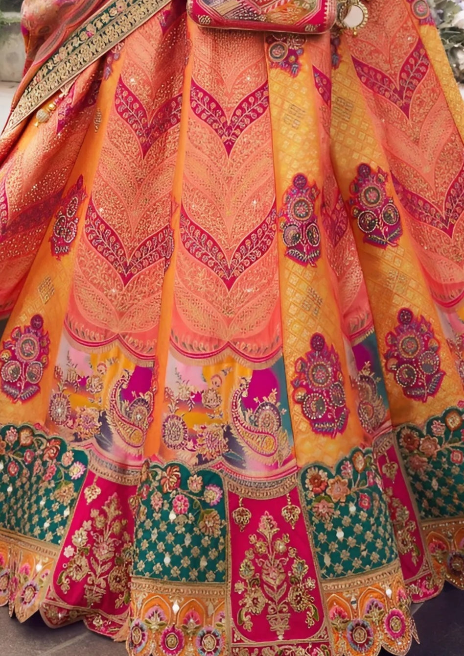 EKKTARA Semi Stitched Designer Peach Multicolour Colour Lehenga Choli Set