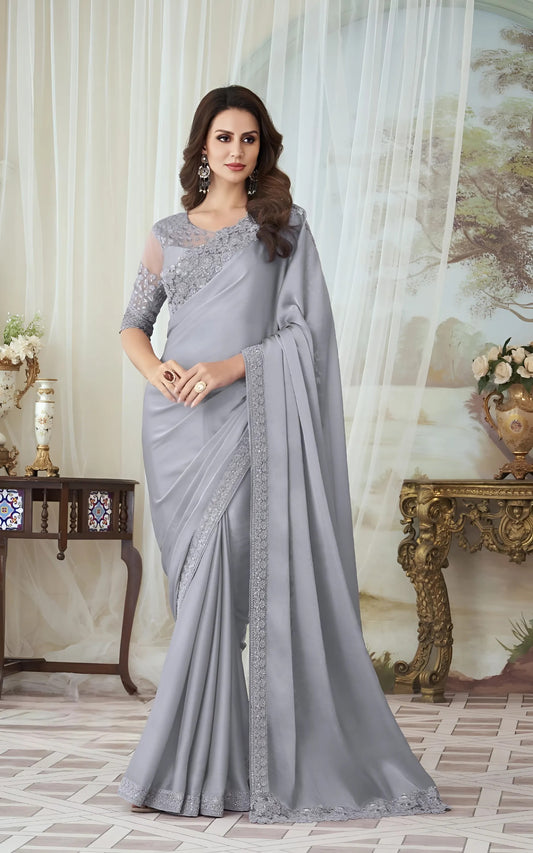 EKKTARA Saree For Women Grey Colour Designer Party Wear Saree With Unstitched Blouse