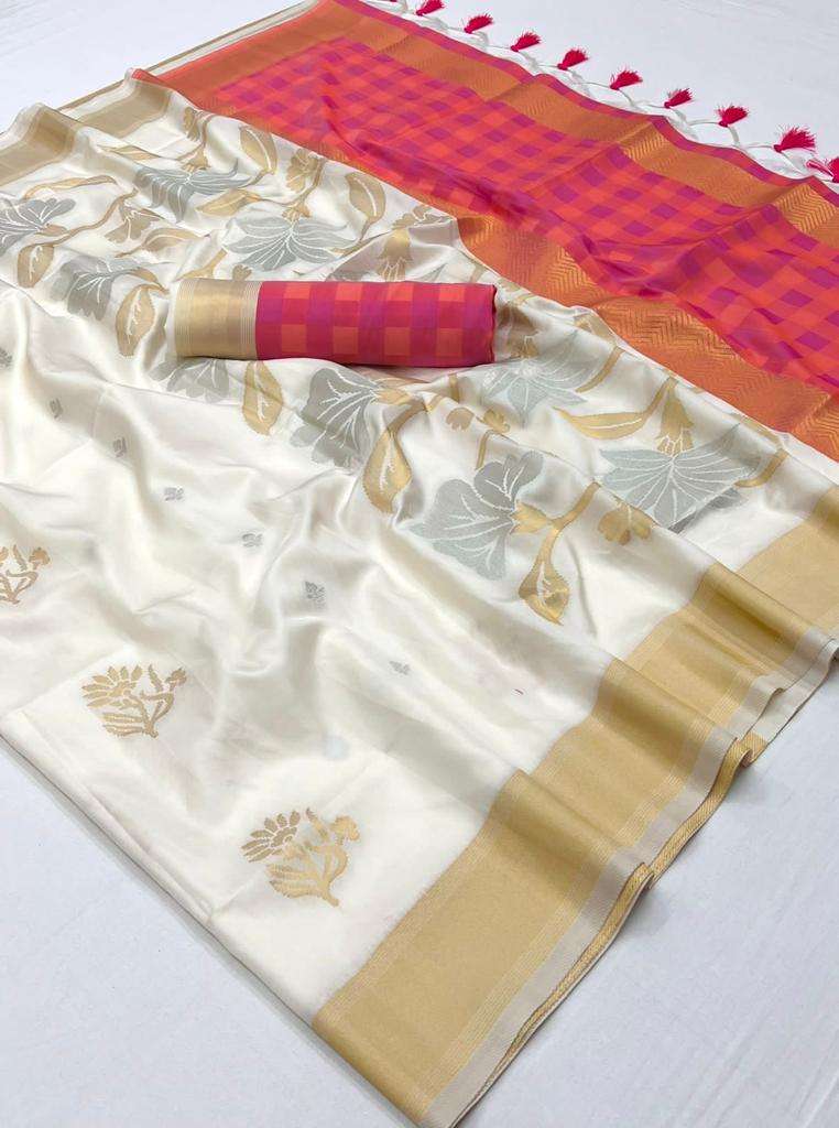 EKKTARA Saree For Women Cream Colour Silk Handloom Weaving Saree With Unstitched Blouse