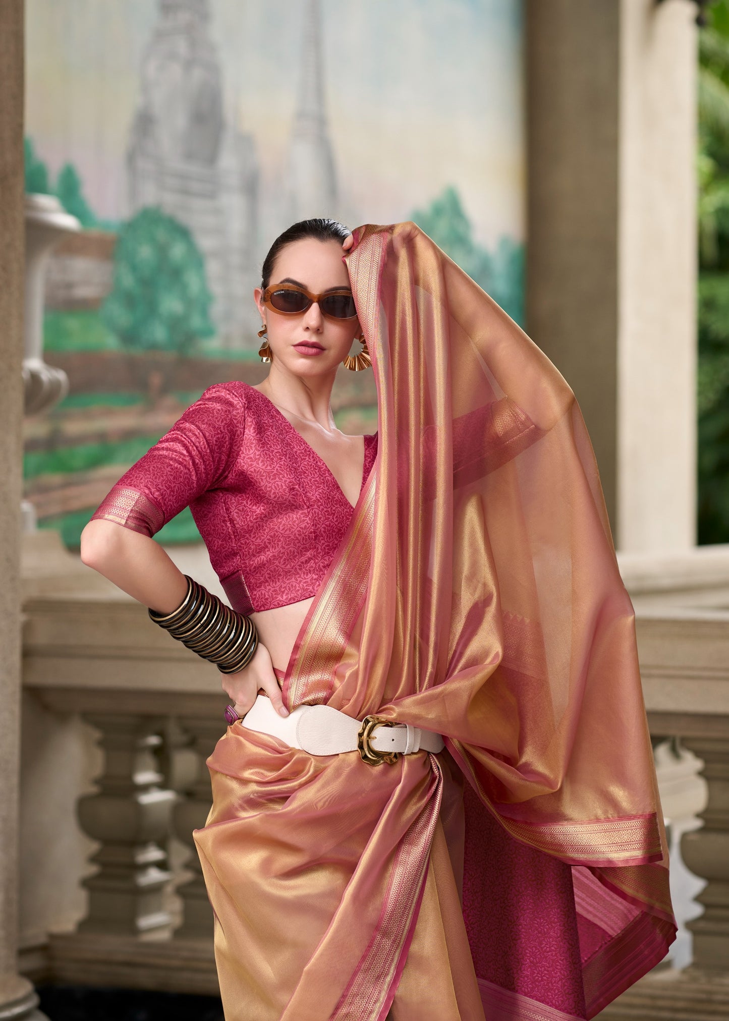 EKKTARA Saree For Women Copper Brown Colour Pure Tissue Saree With Designer Pallu And Unstitched Blouse