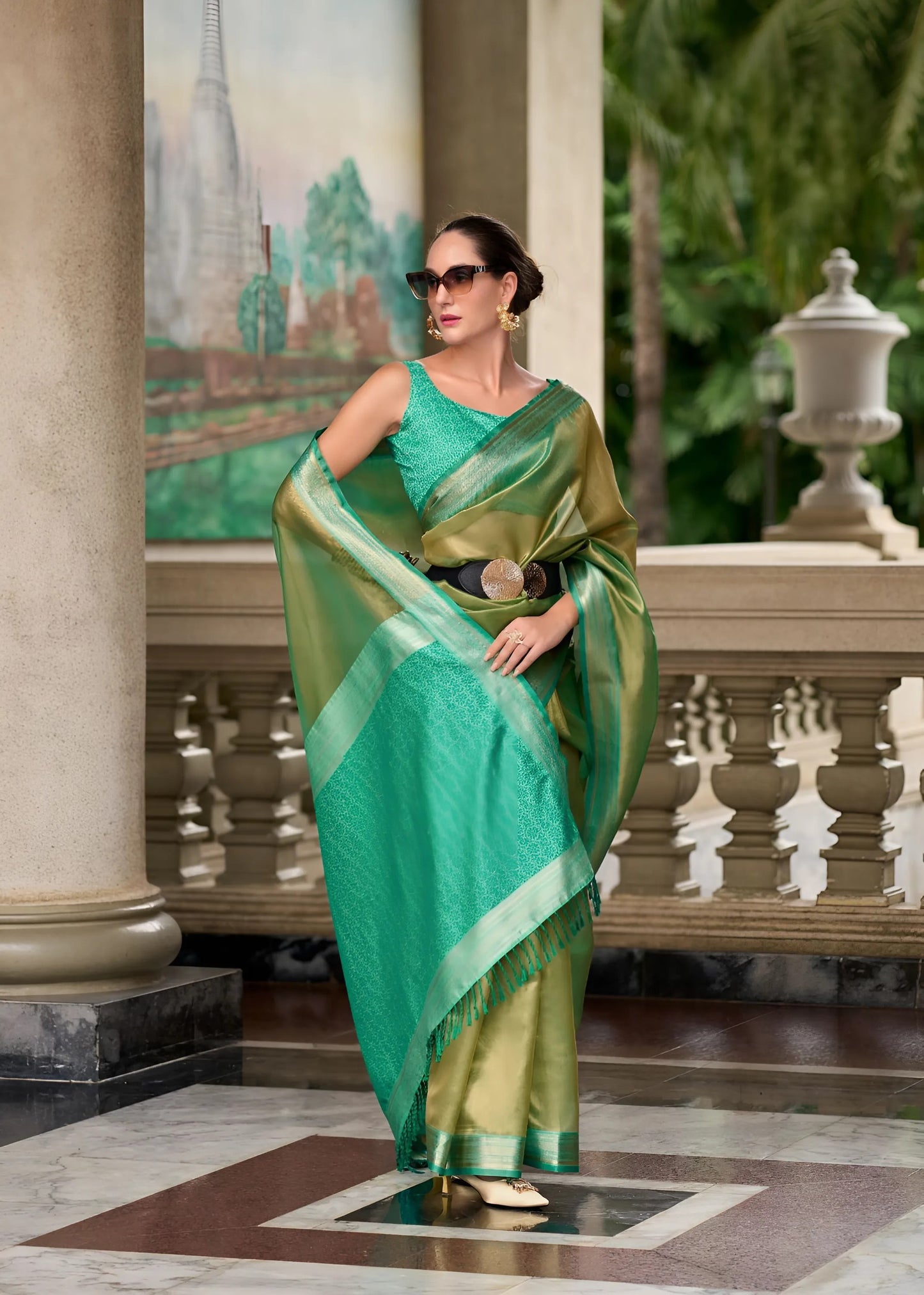 EKKTARA Saree For Women Olive Green Colour Pure Tissue Saree With Designer Pallu And Unstitched Blouse