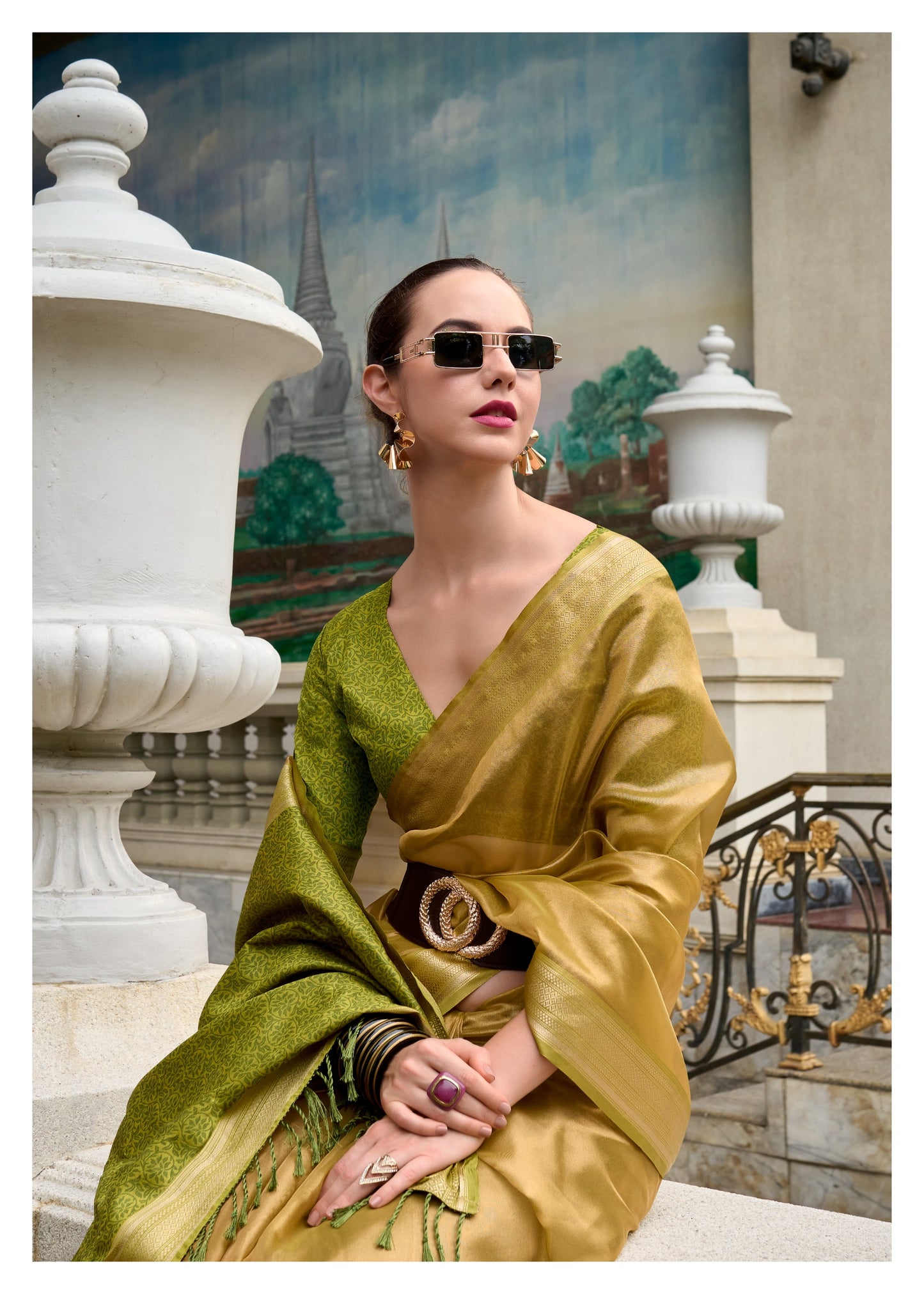 EKKTARA Saree For Women Golden Green Colour Pure Tissue Saree With Designer Pallu And Unstitched Blouse