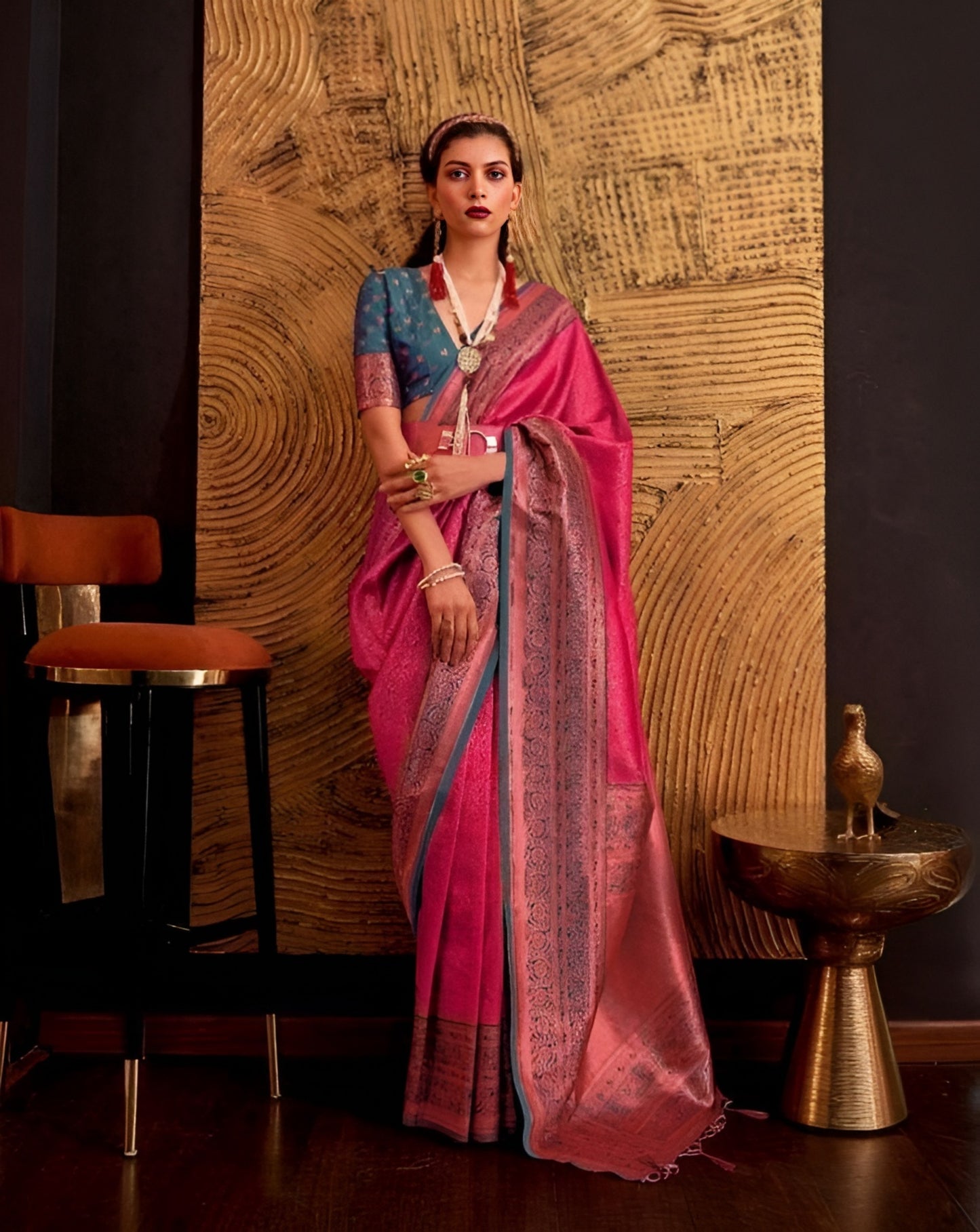 EKKTARA Saree For Women Pink Colour Handloom Weaving Silk Saree With Unstitched Blouse