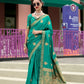 EKKTARA Saree For Women Turquoise Colour Pure Satin Handwoven Zari Weaving Saree With Unstitched Blouse