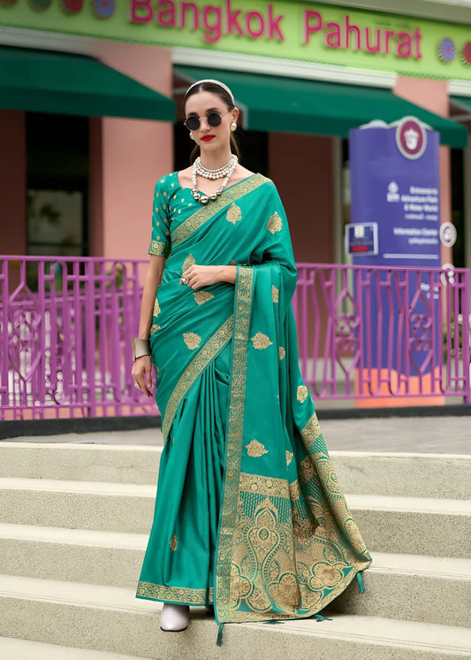 EKKTARA Saree For Women Turquoise Colour Pure Satin Handwoven Zari Weaving Saree With Unstitched Blouse