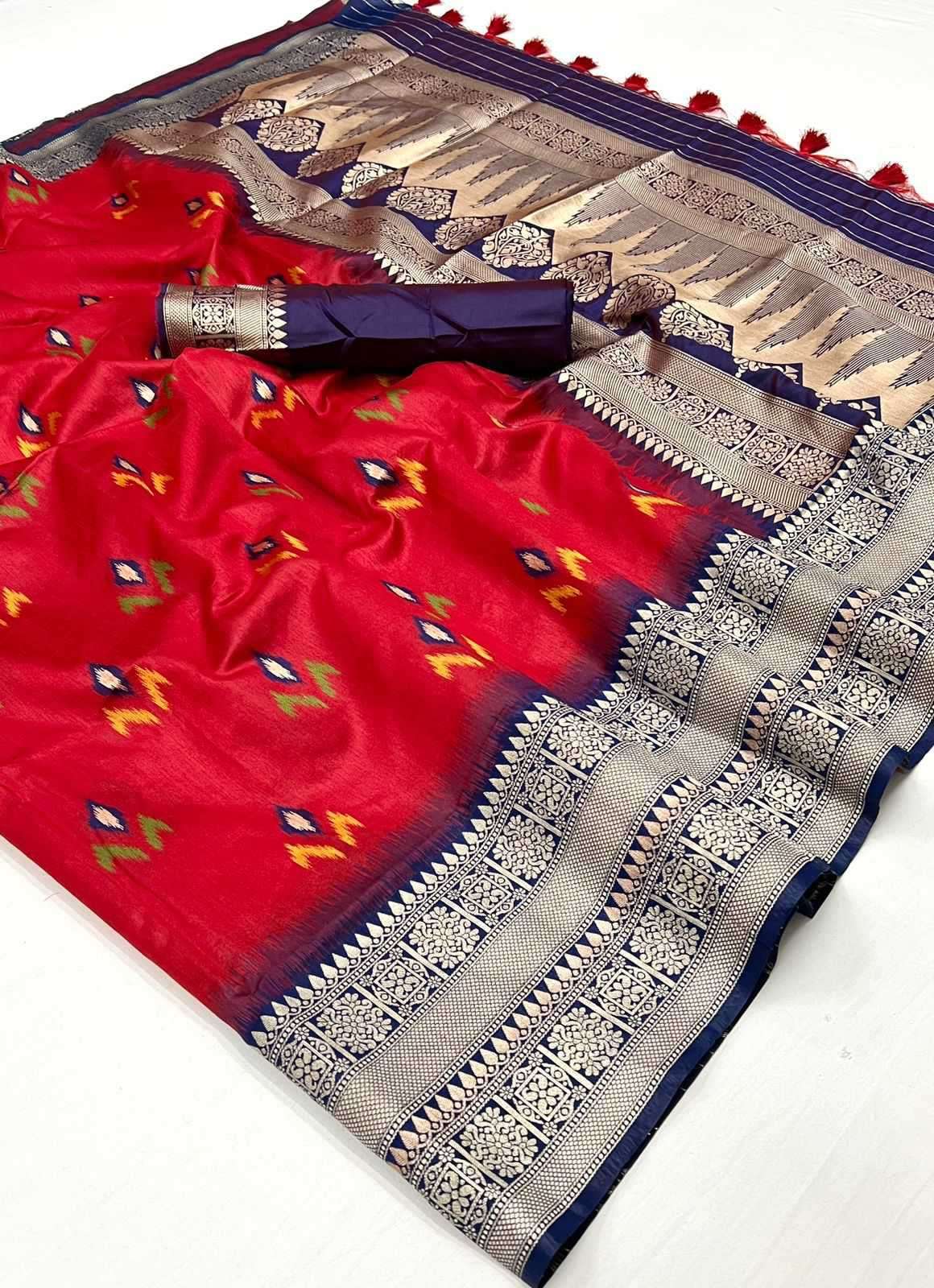 EKKTARA Saree For Women Red Colour Silk Handloom Weaving Saree With Unstitched Blouse