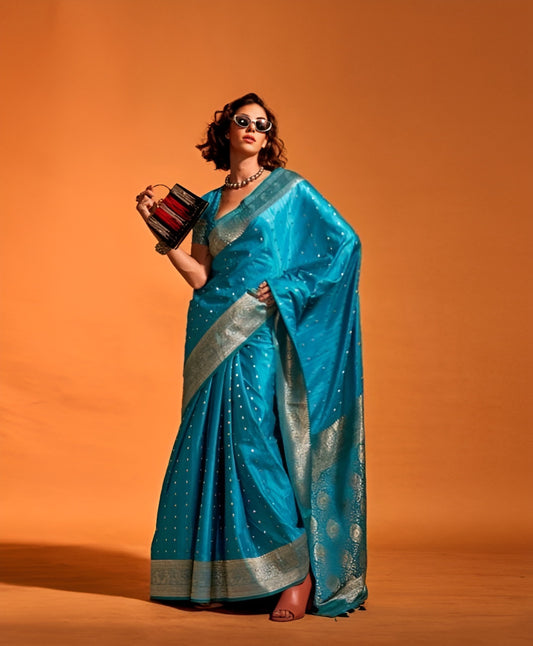 EKKTARA Saree For Women Turquoise Colour Handloom Weaving Silk Saree With Unstitched Blouse