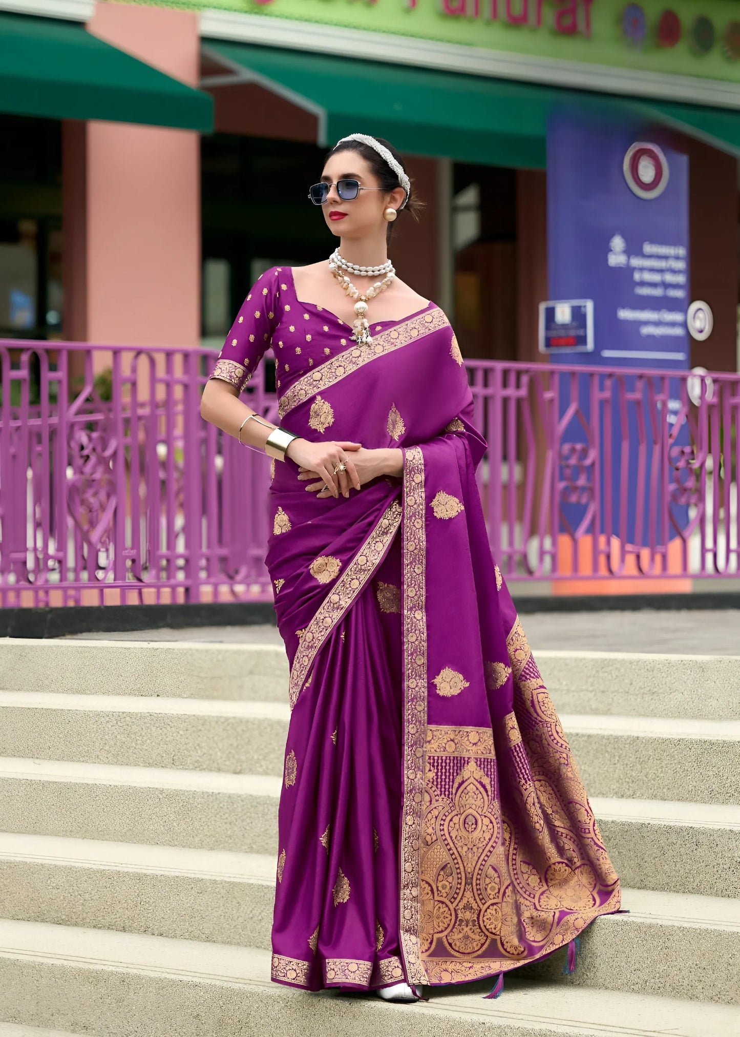 EKKTARA Saree For Women Purple Colour Pure Satin Handwoven Zari Weaving Saree With Unstitched Blouse