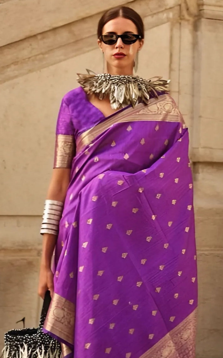 EKKTARA Saree For Women Purple Colour Handloom Weaving Silk Saree With Unstitched Blouse