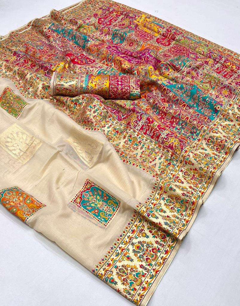 EKKTARA Saree For Women Beige Colour Kashmiri Silk Handloom Weaving Saree With Unstitched Blouse