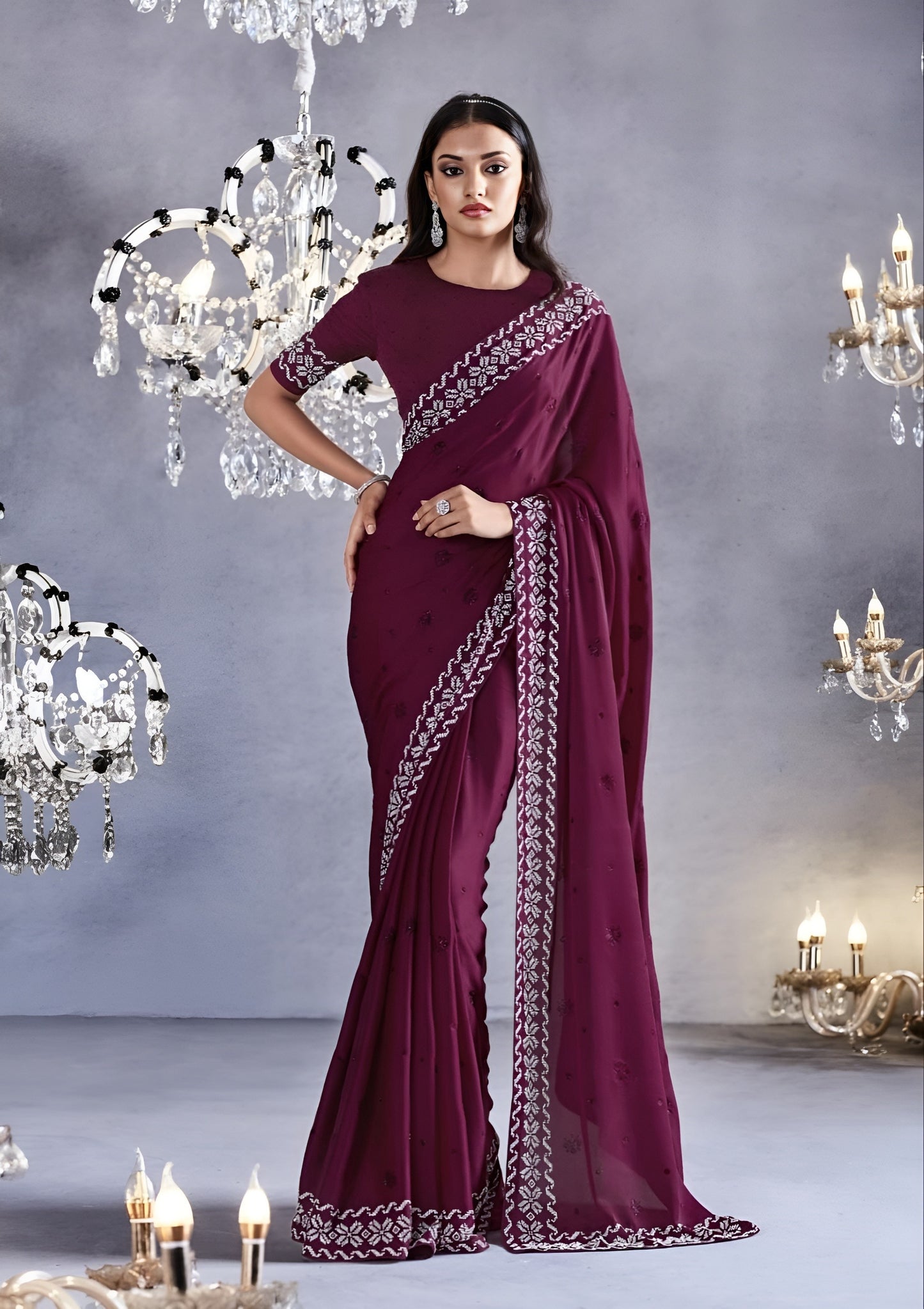 EKKTARA Saree For Women Burgundy Colour Partywear Satin Silk Zarkan Work Saree With Unstitched Blouse