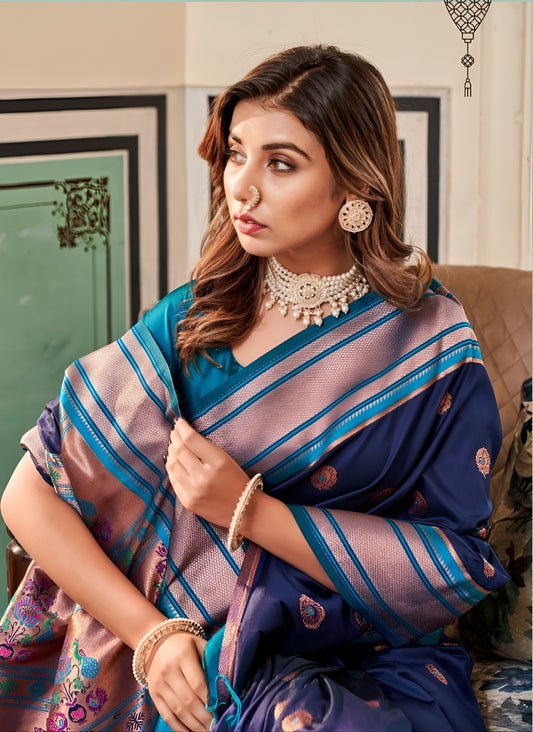 EKKTARA Saree For Women Blue Colour Peshwai Paithani Silk Saree With Unstitched Blouse