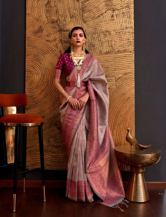 EKKTARA Saree For Women Nude Brown Colour Handloom Weaving Silk Saree With Unstitched Blouse