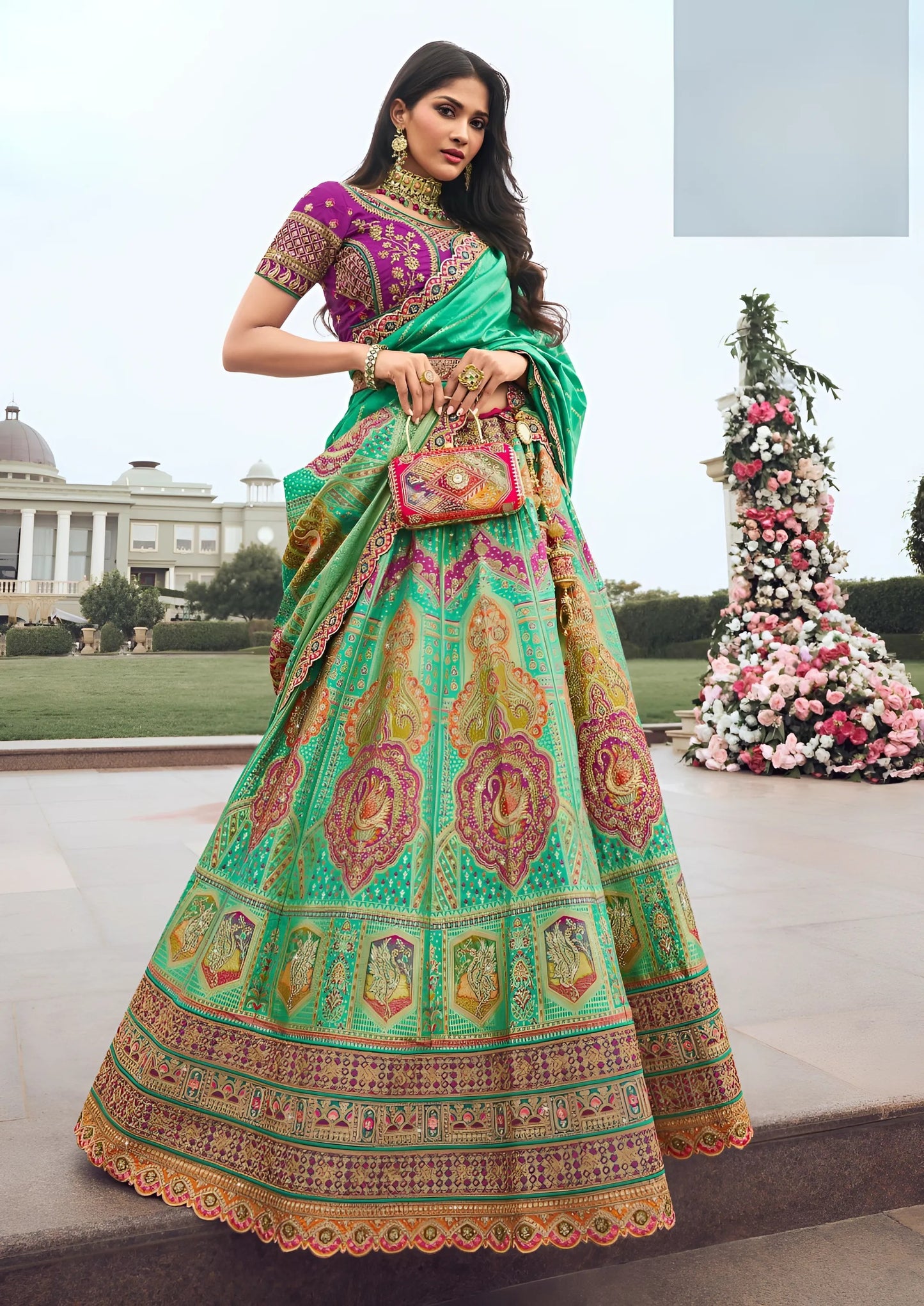 EKKTARA Semi Stitched Designer Green Multicolour Colour Lehenga Choli Set