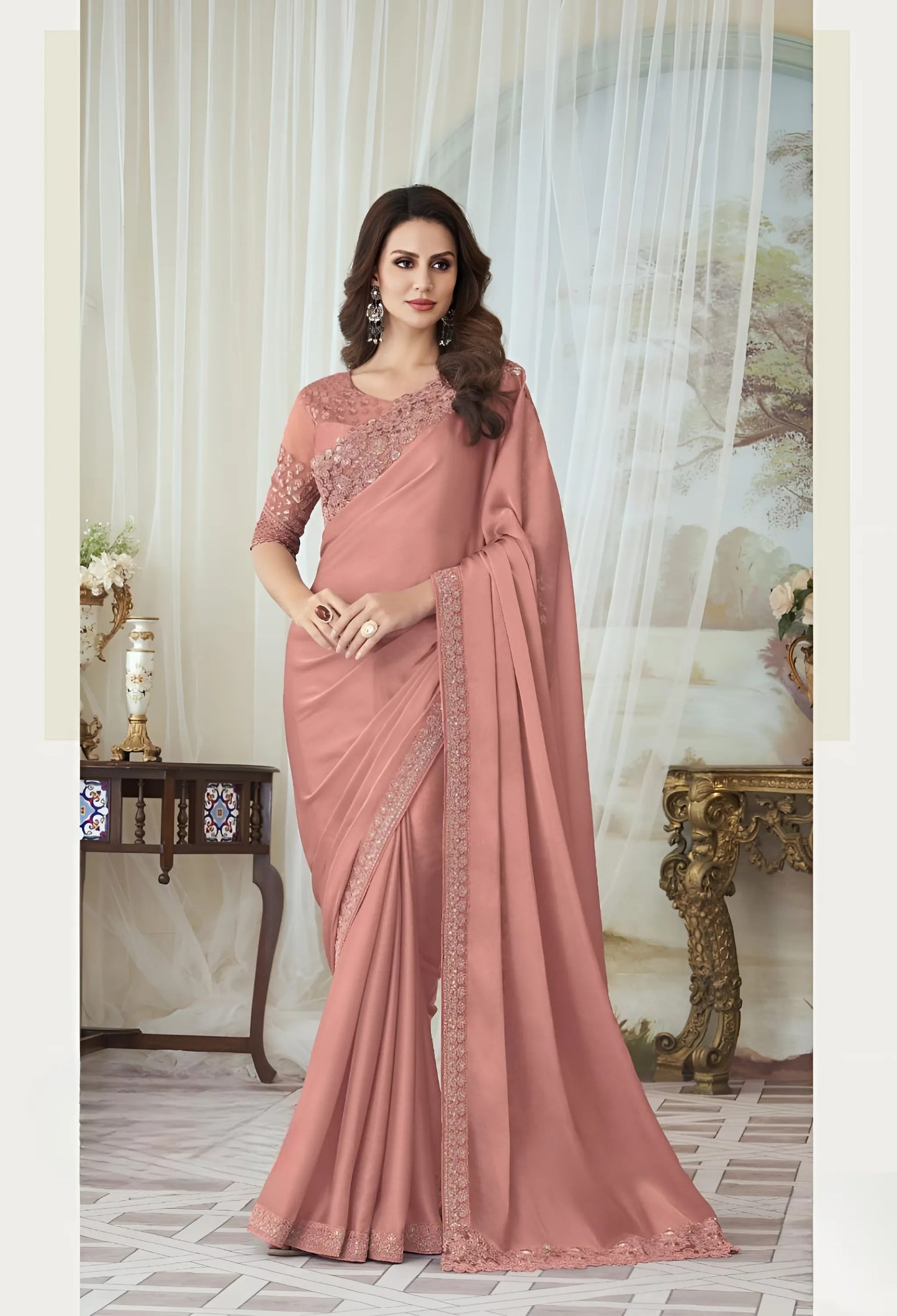 EKKTARA Saree For Women Peach Colour Designer Party Wear Saree With Unstitched Blouse