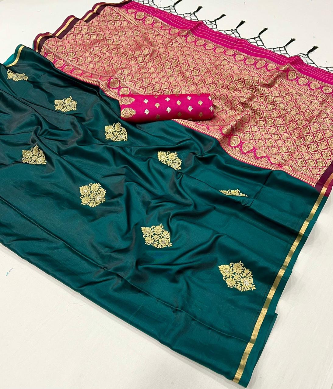 EKKTARA Saree For Women Dark Green Colour Pure Satin Silk Handloom Weaving Saree With Unstitched Blouse