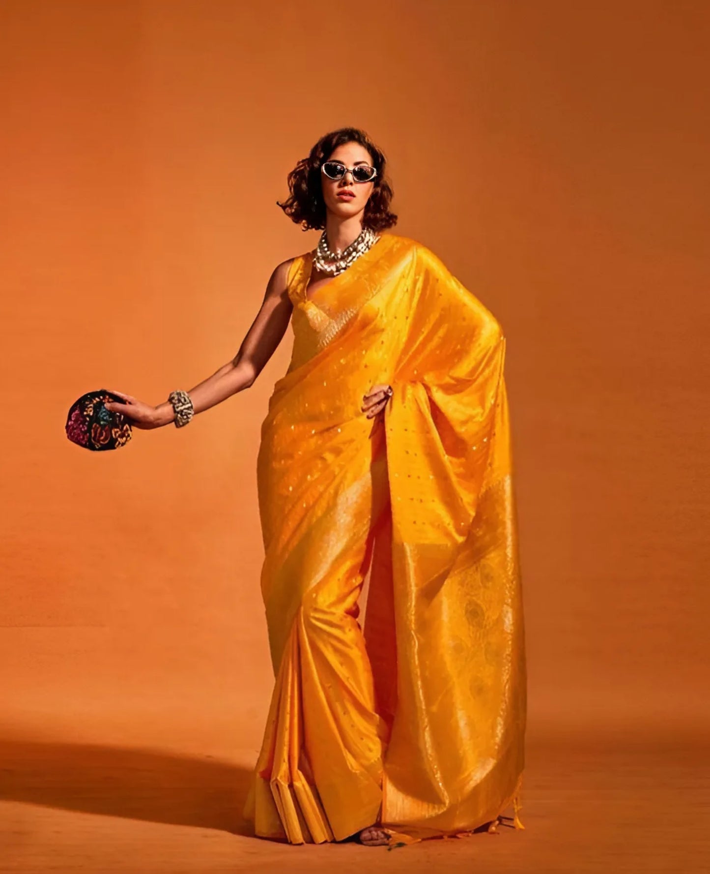 EKKTARA Saree For Women Saffron Yellow Colour Handloom Weaving Silk Saree With Unstitched Blouse