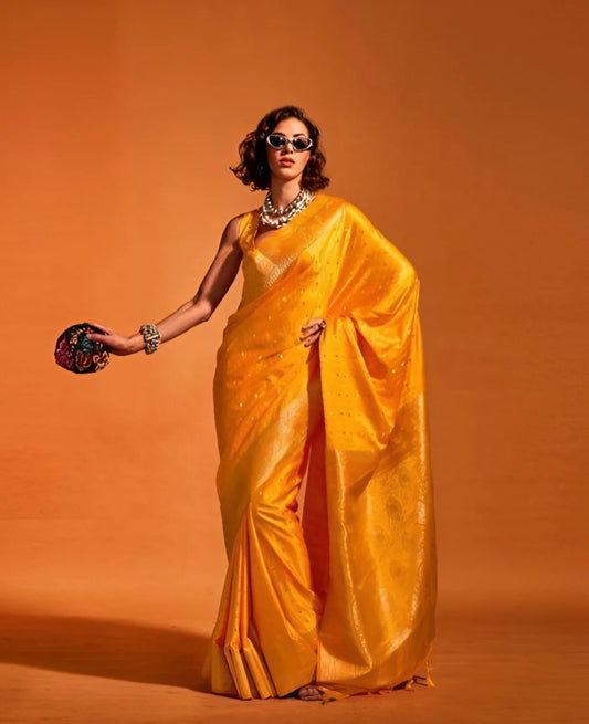 EKKTARA Saree For Women Saffron Yellow Colour Handloom Weaving Silk Saree With Unstitched Blouse