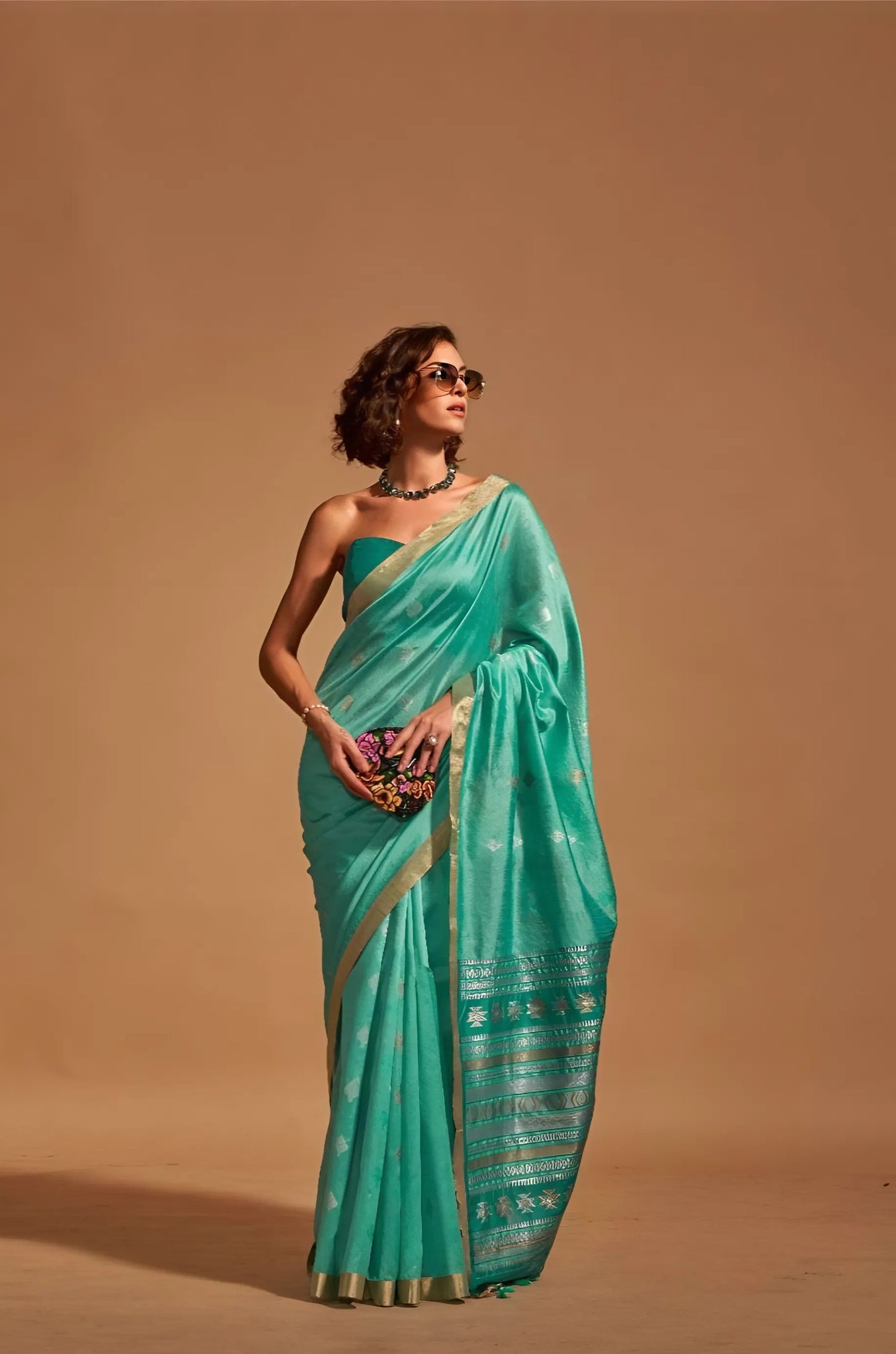 EKKTARA Saree For Women  Turquoise Colour Handloom Weaving Silk Saree With Unstitched Blouse