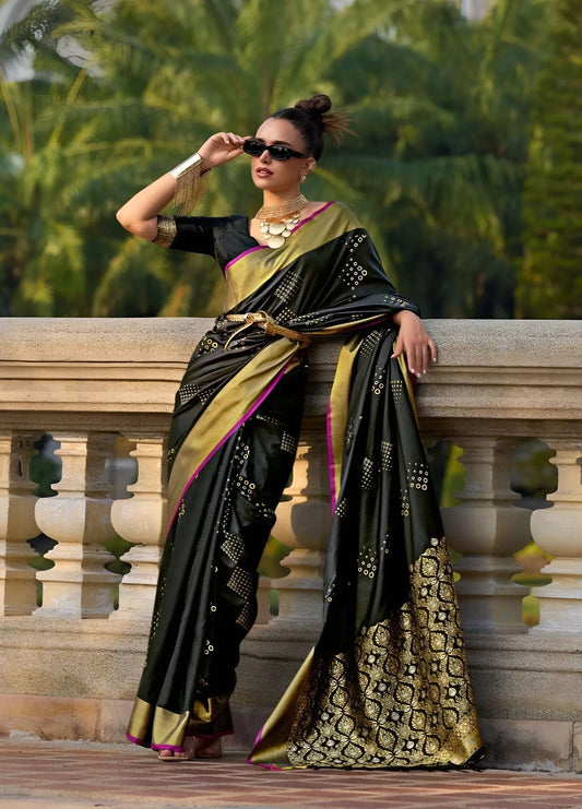 EKKTARA Saree For Women Black Colour Soft Silk Handloom Weaving Saree With Unstitched Blouse