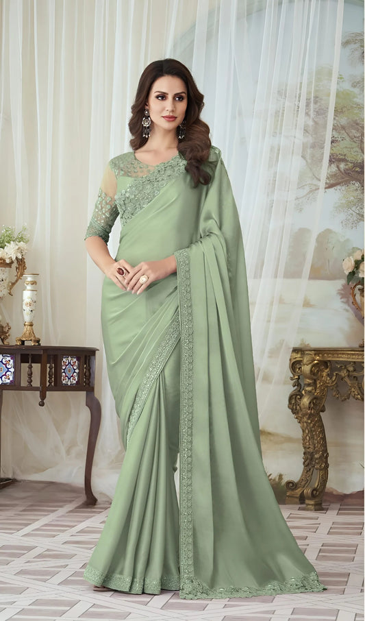 EKKTARA Saree For Women Pista Green Colour Designer Party Wear Saree With Unstitched Blouse