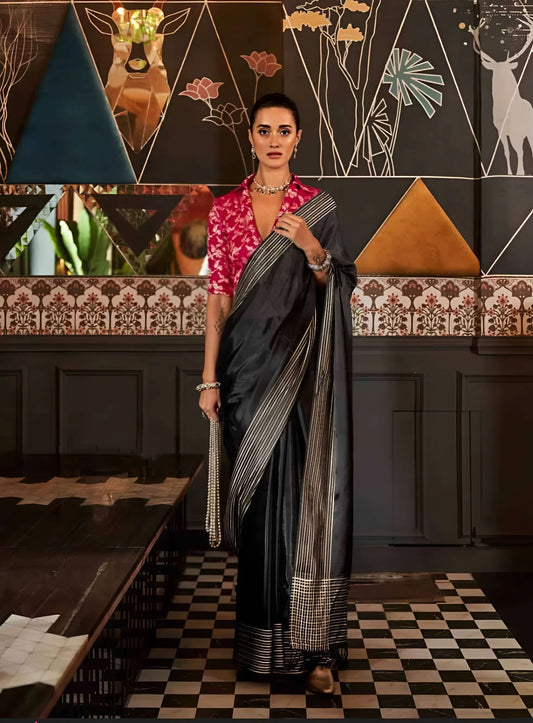 EKKTARA Saree For Women Black Colour Party Wear Designer Handloom Weaving Saree With Unstitched Blouse