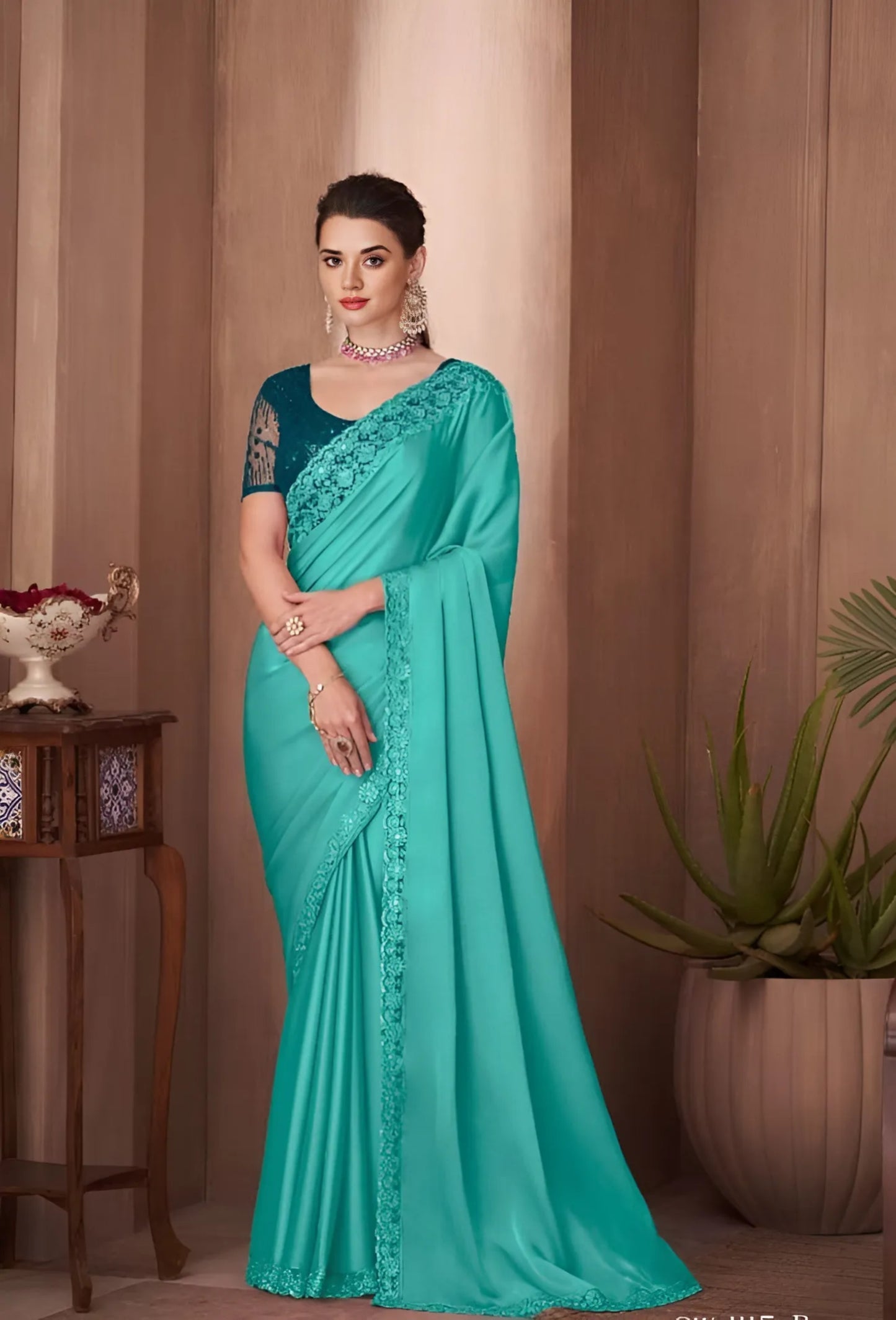 EKKTARA Saree For Women Aqua Green Colour Designer Party Wear Saree With Unstitched Blouse