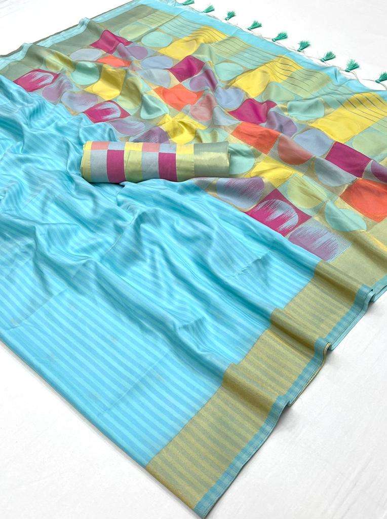 EKKTARA Saree For Women Turquoise Colour Silk Handloom Weaving Saree With Unstitched Blouse