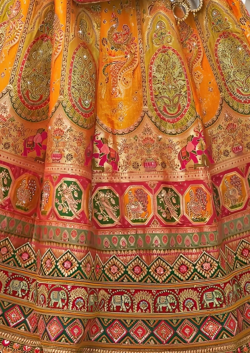 EKKTARA Semi Stitched Designer Orange Multicolour Colour Lehenga Choli Set