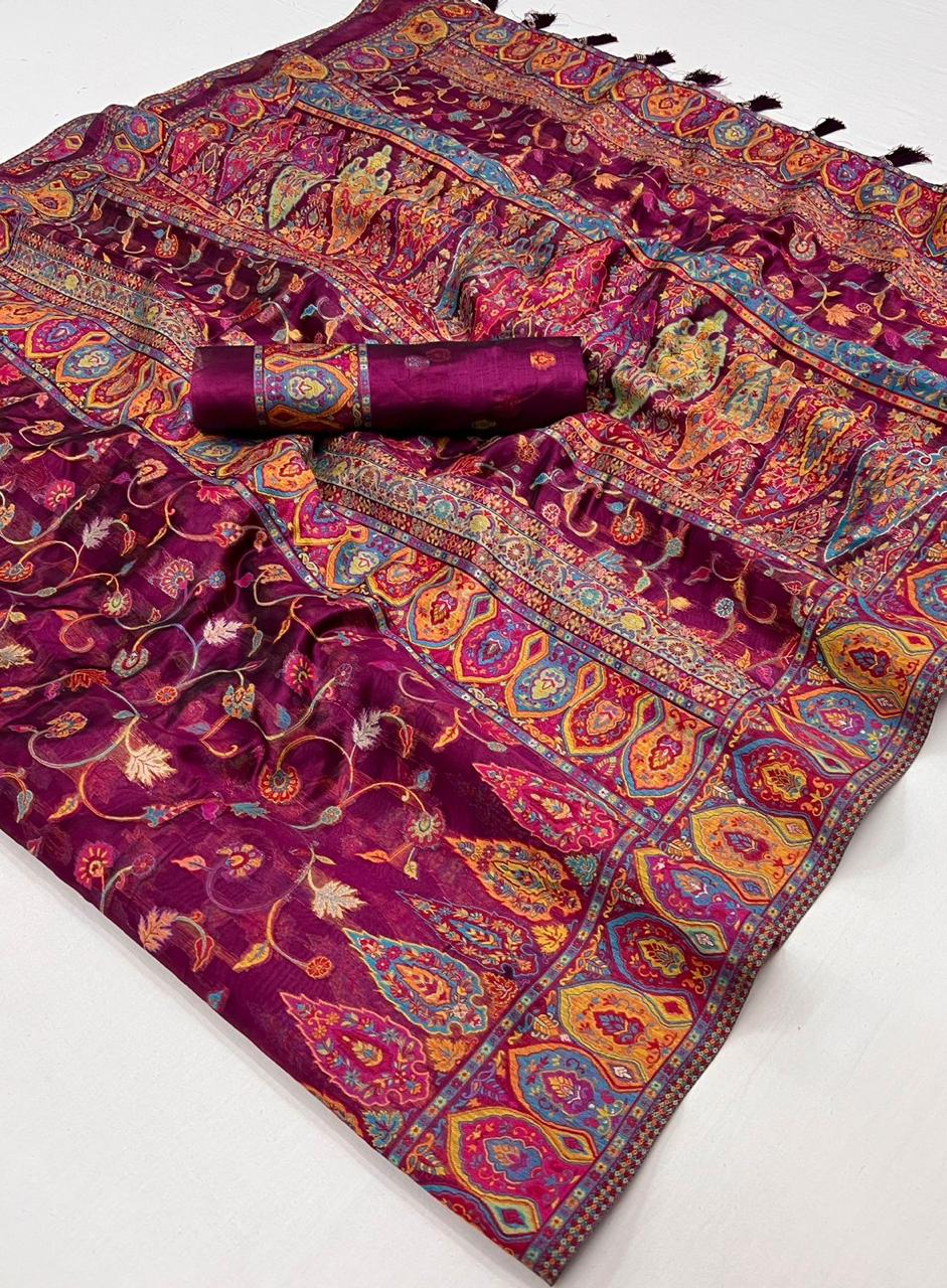EKKTARA Saree For Women Burgundy Colour Kashmiri Handloom Weaving Organza Saree With Unstitched Blouse
