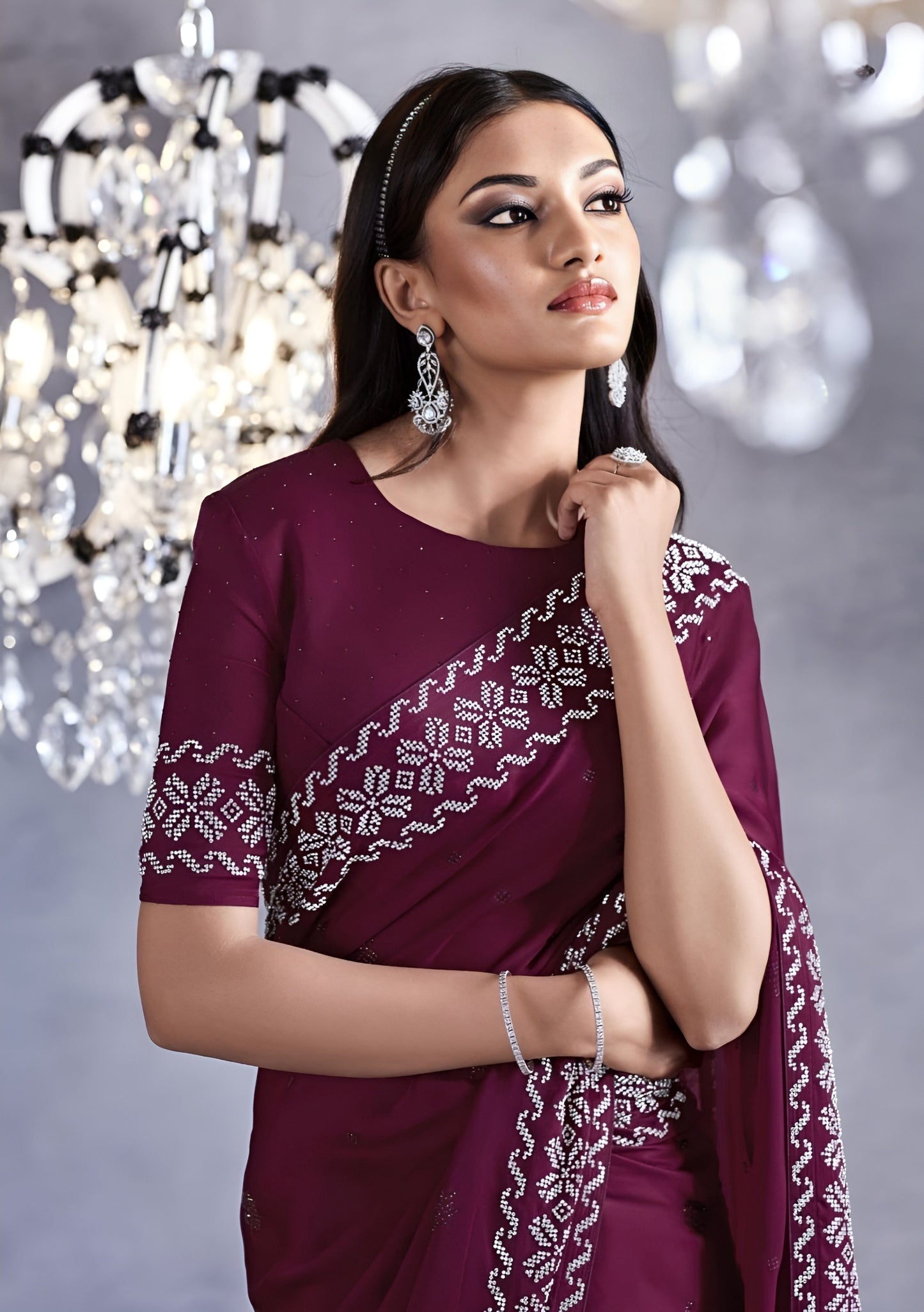 EKKTARA Saree For Women Burgundy Colour Partywear Satin Silk Zarkan Work Saree With Unstitched Blouse