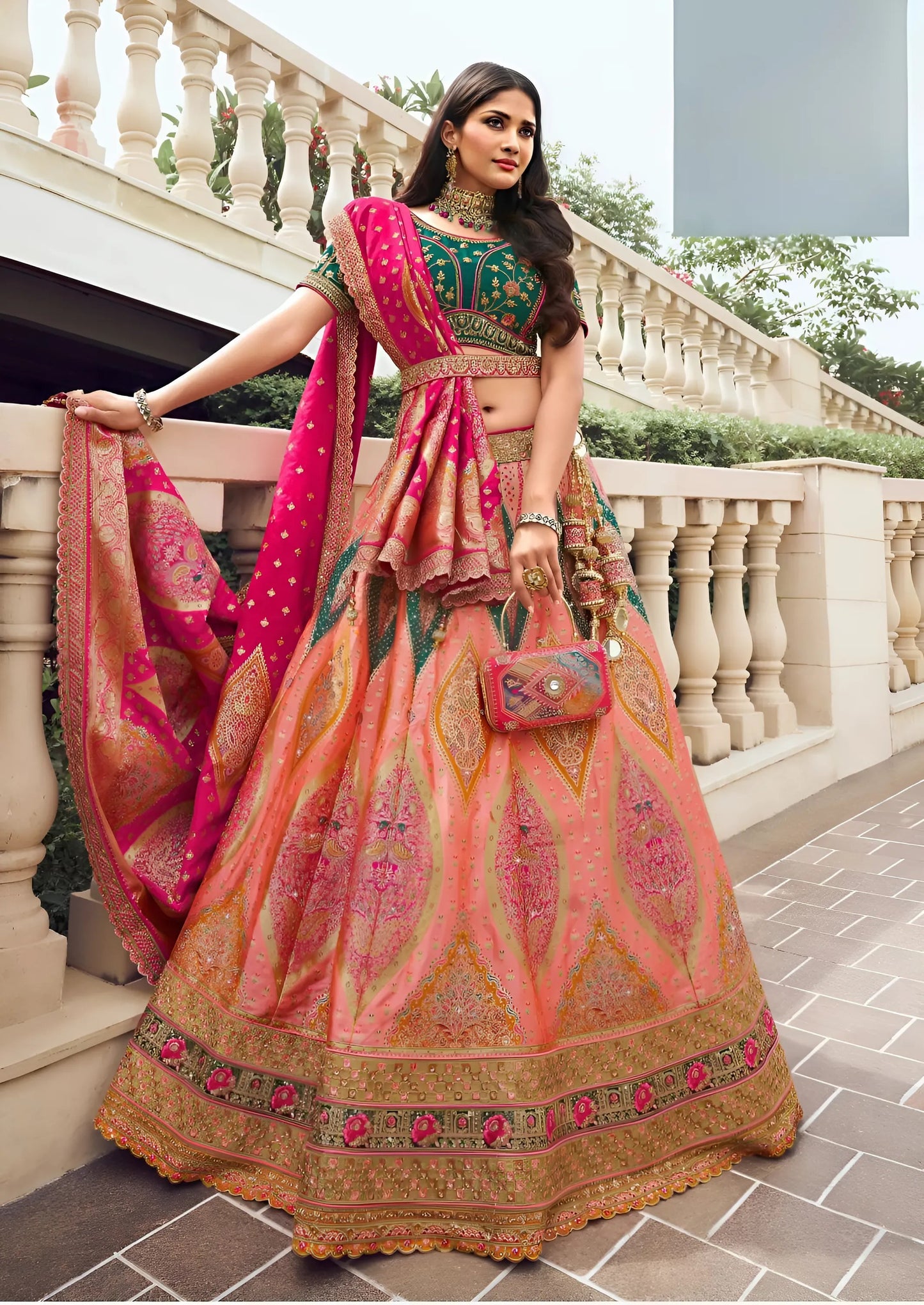 EKKTARA Semi Stitched Designer Peach Multicolour Colour Lehenga Choli Set